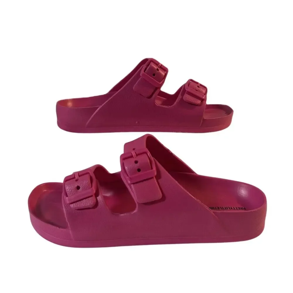 New In Bag PrettyLittleThing Bright Pink Wide Fit Buckle Footbed EVA Sliders-US5 - Picture 7 of 8